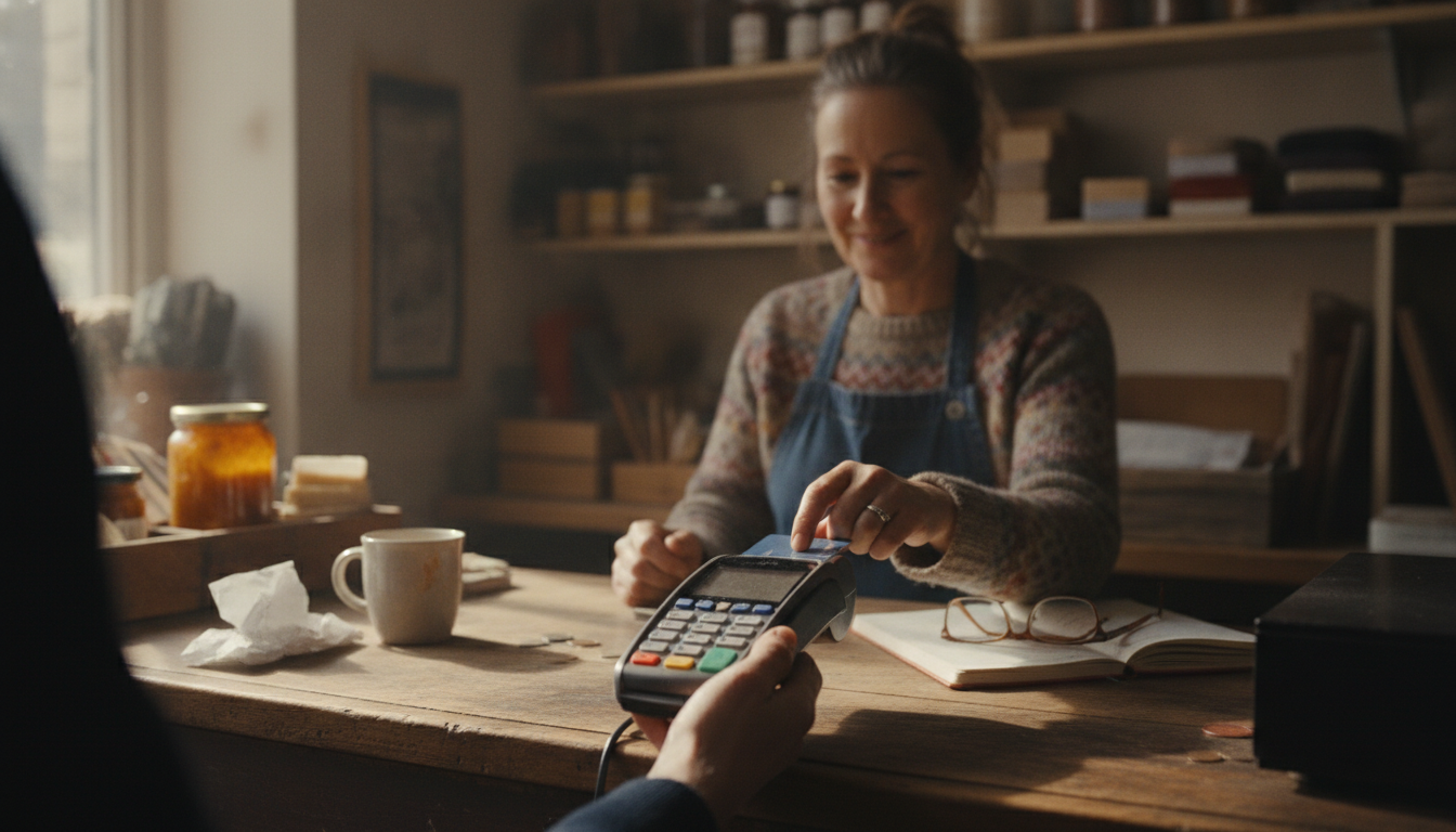 A coffee shop owner reading an email on a phone next to a dark tablet register
