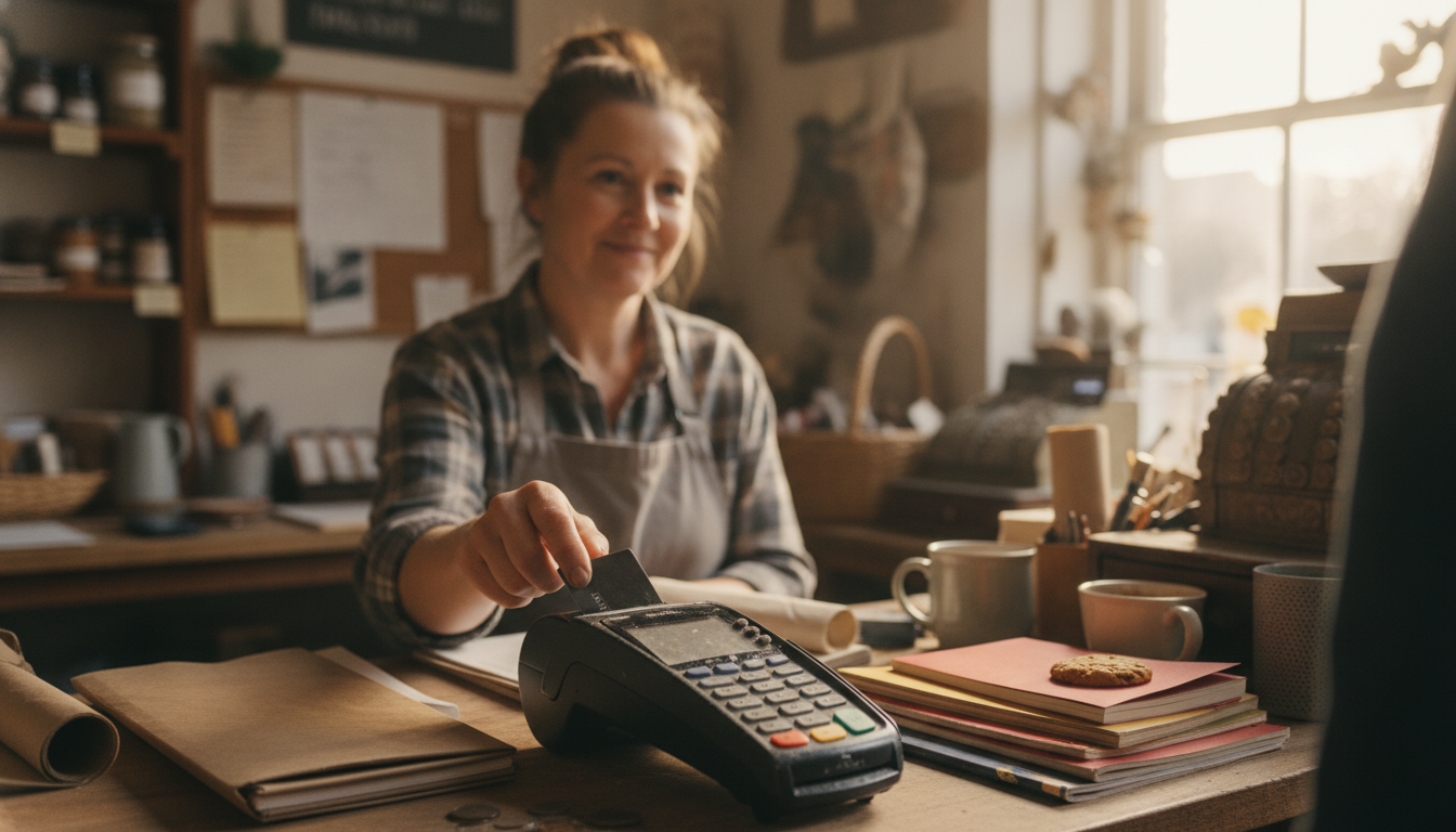 A small shop owner sitting at a workbench reading an account notice on a phone with unfinished orders behind