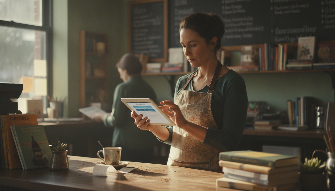 A shop owner standing at the counter reviewing card payment settings on a tablet