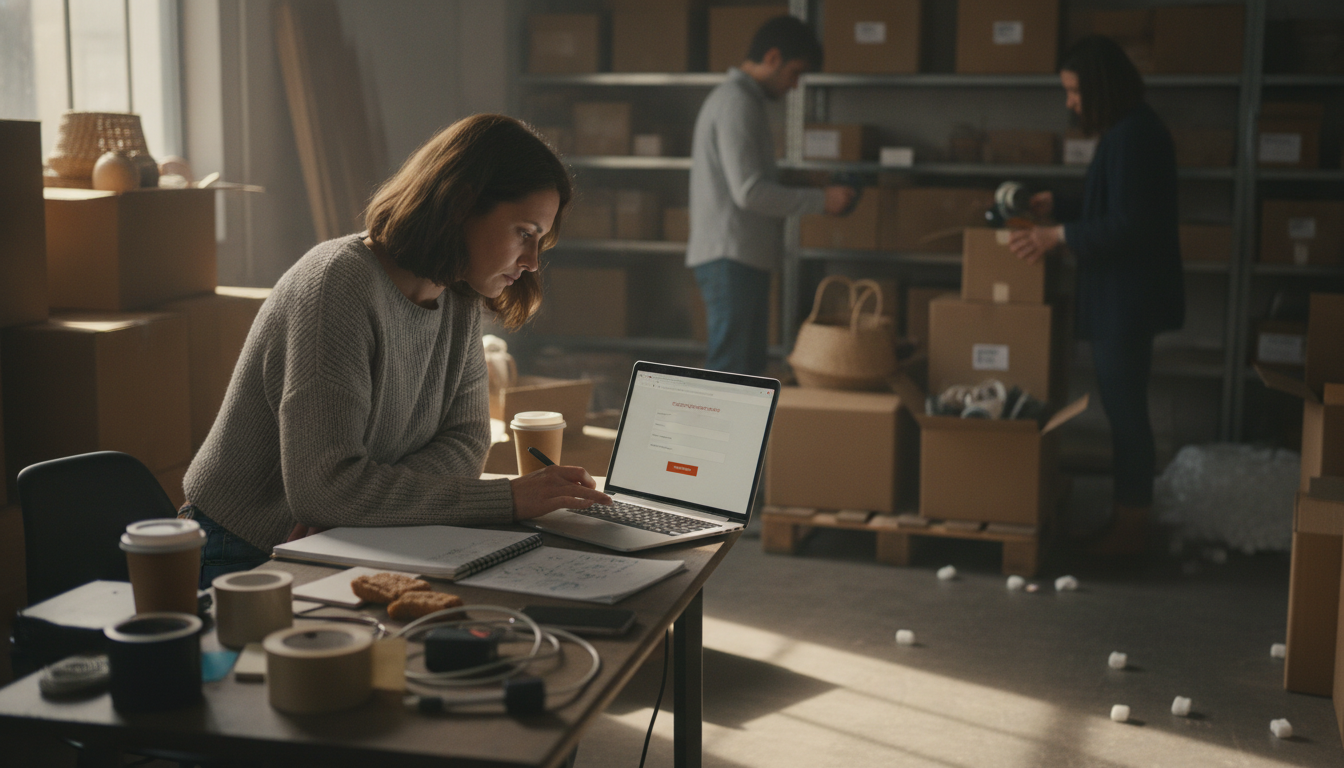 An online store owner testing a checkout page on a laptop in a small warehouse