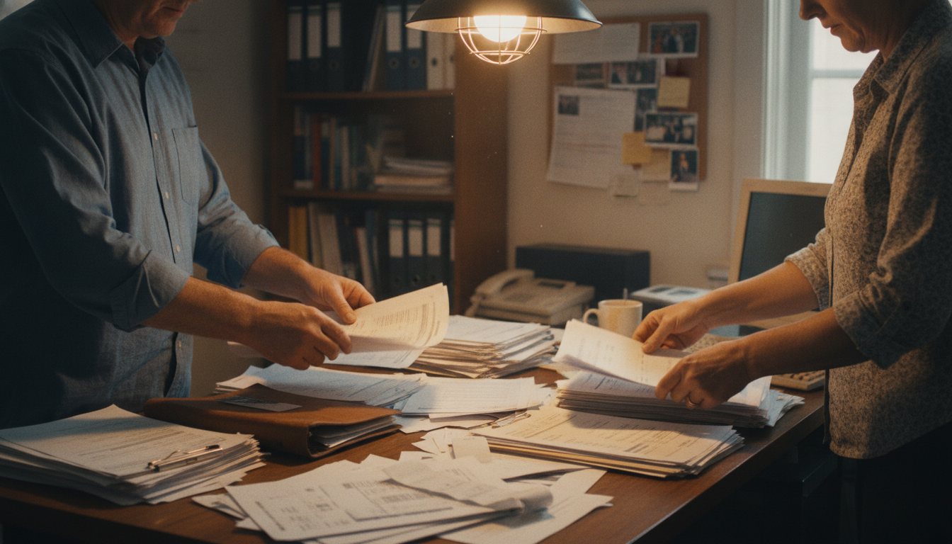 A folder of business documents and bank statements laid out on a desk