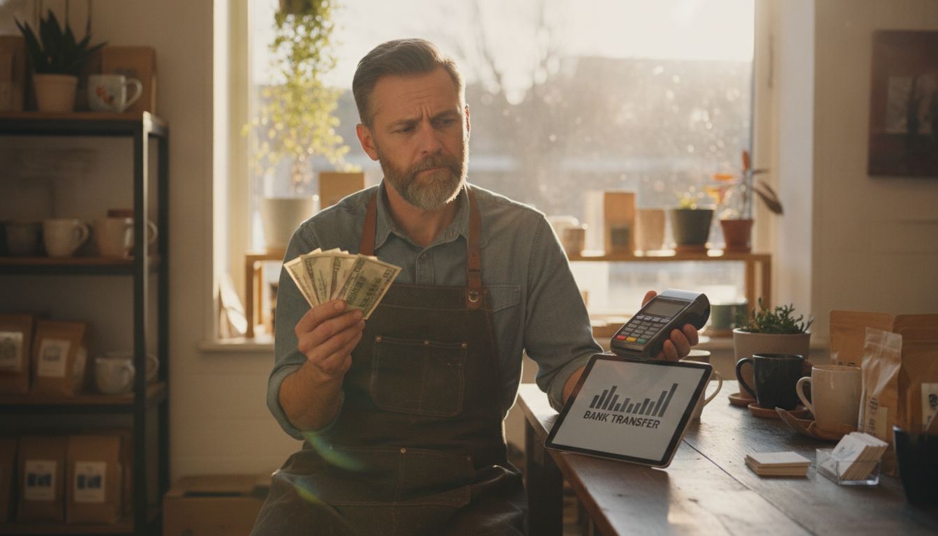 Business owner comparing cash, card and bank payment systems