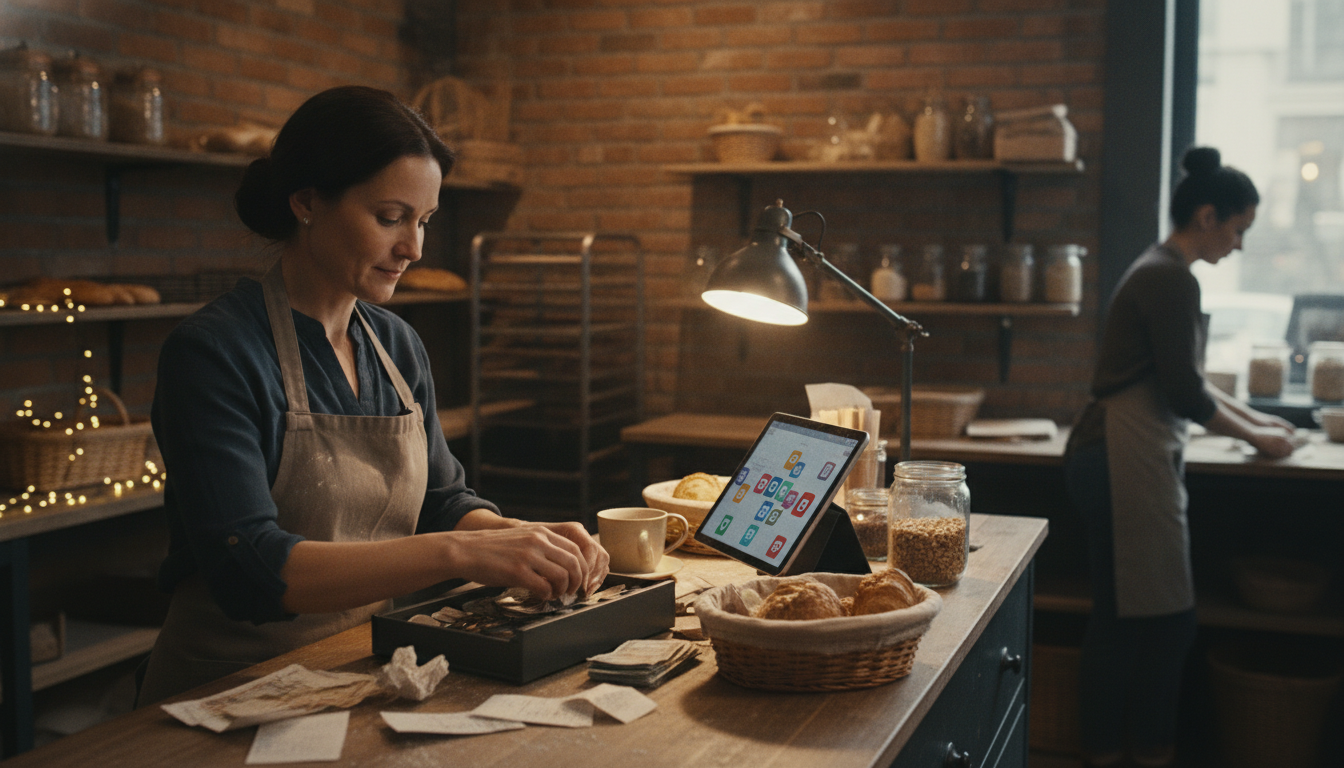 A bakery owner counting the day takings next to a tablet point of sale