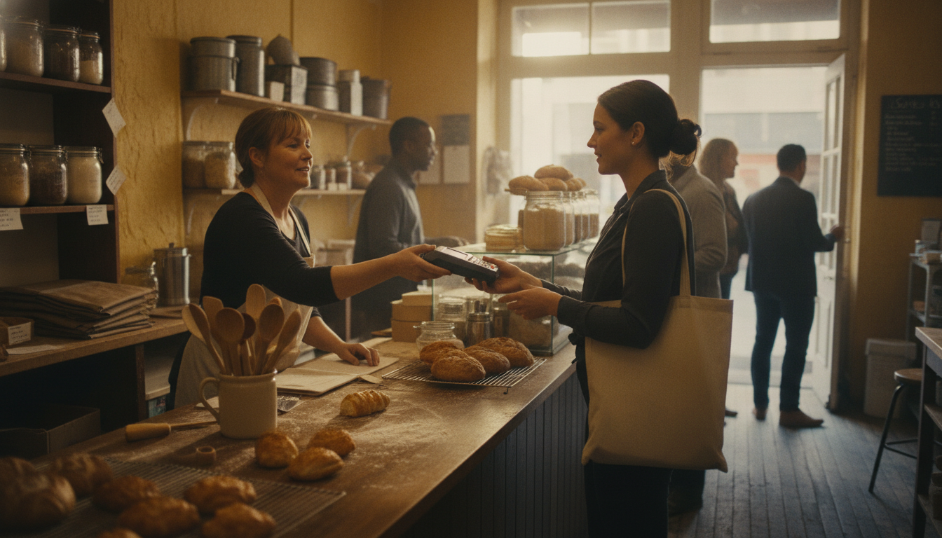 A bakery owner handing a card terminal across the counter to a customer