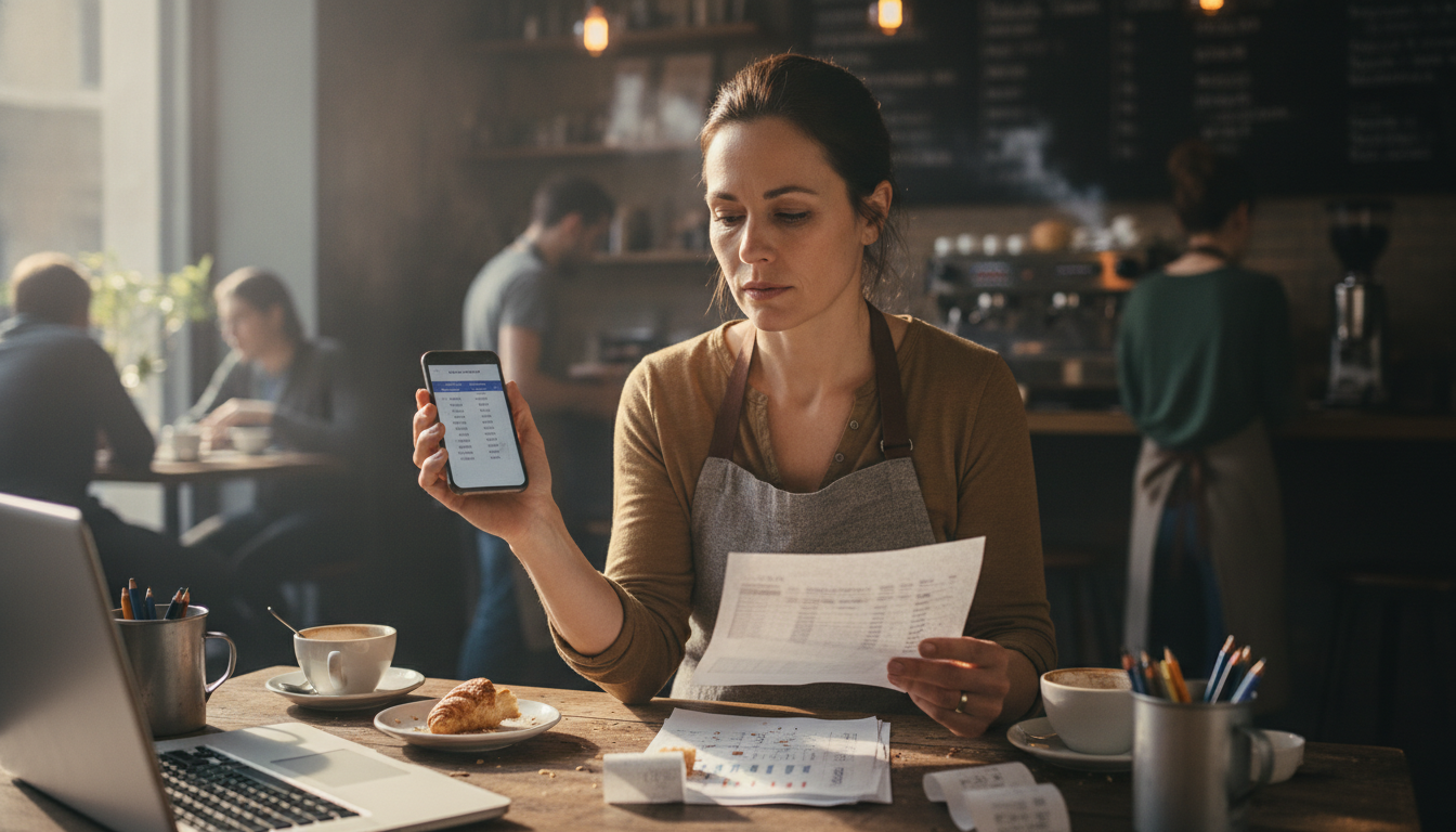 A cafe owner comparing a bank deposit on a laptop against a printed sales report
