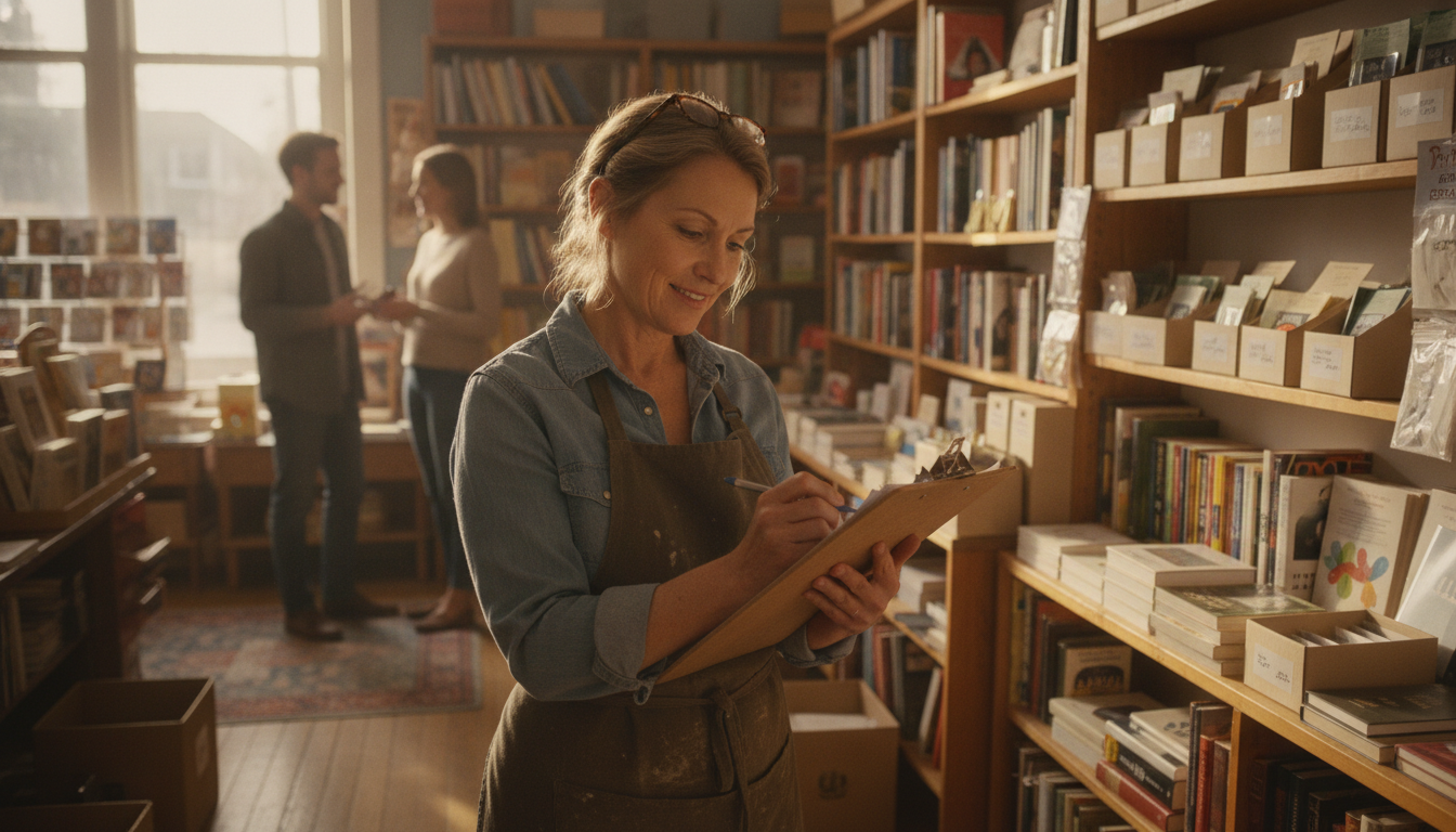 A print shop owner leaning over the front counter with a card reader and a laptop beside him
