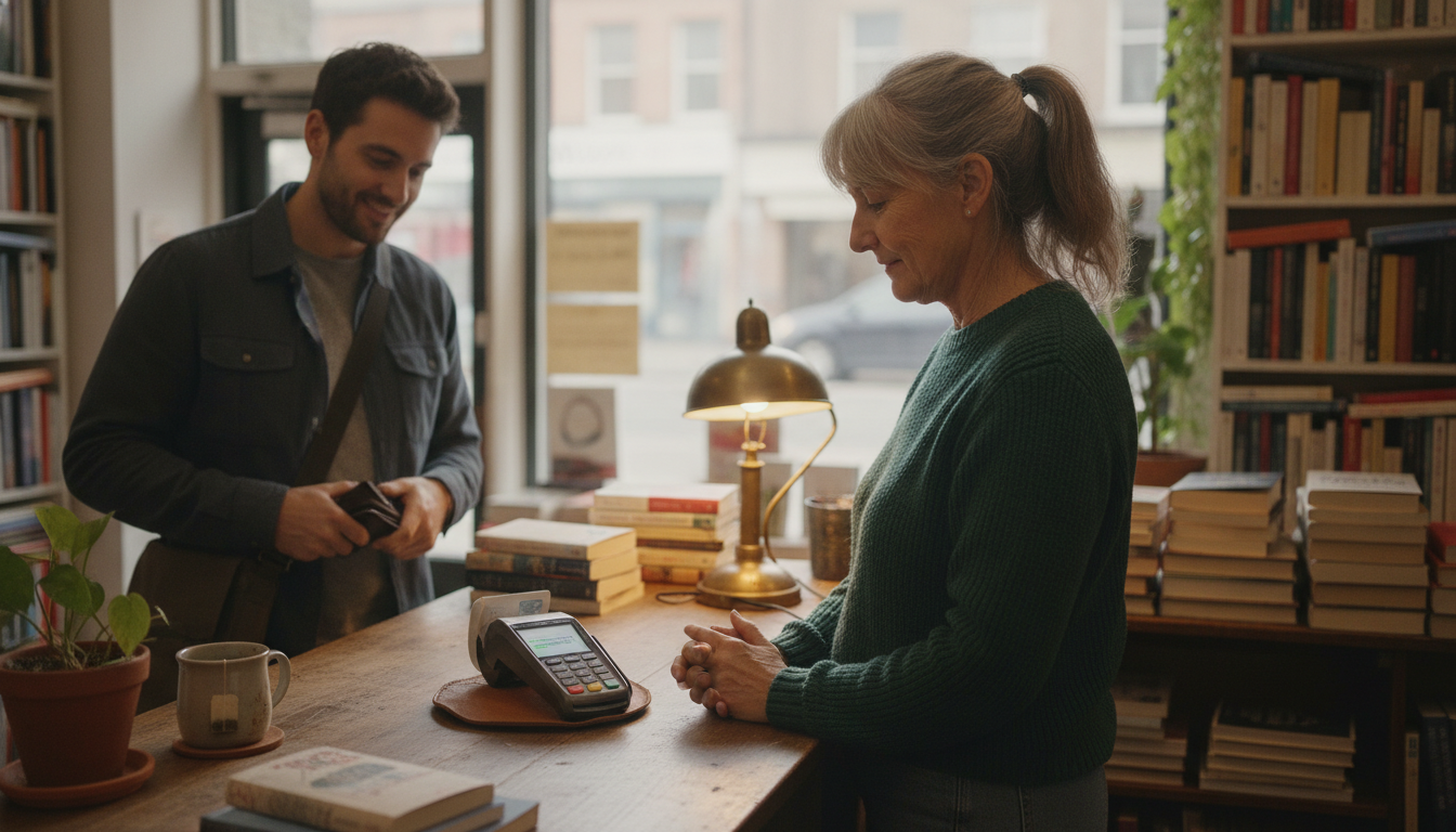 A shop owner behind a counter watching a card terminal finish a sale