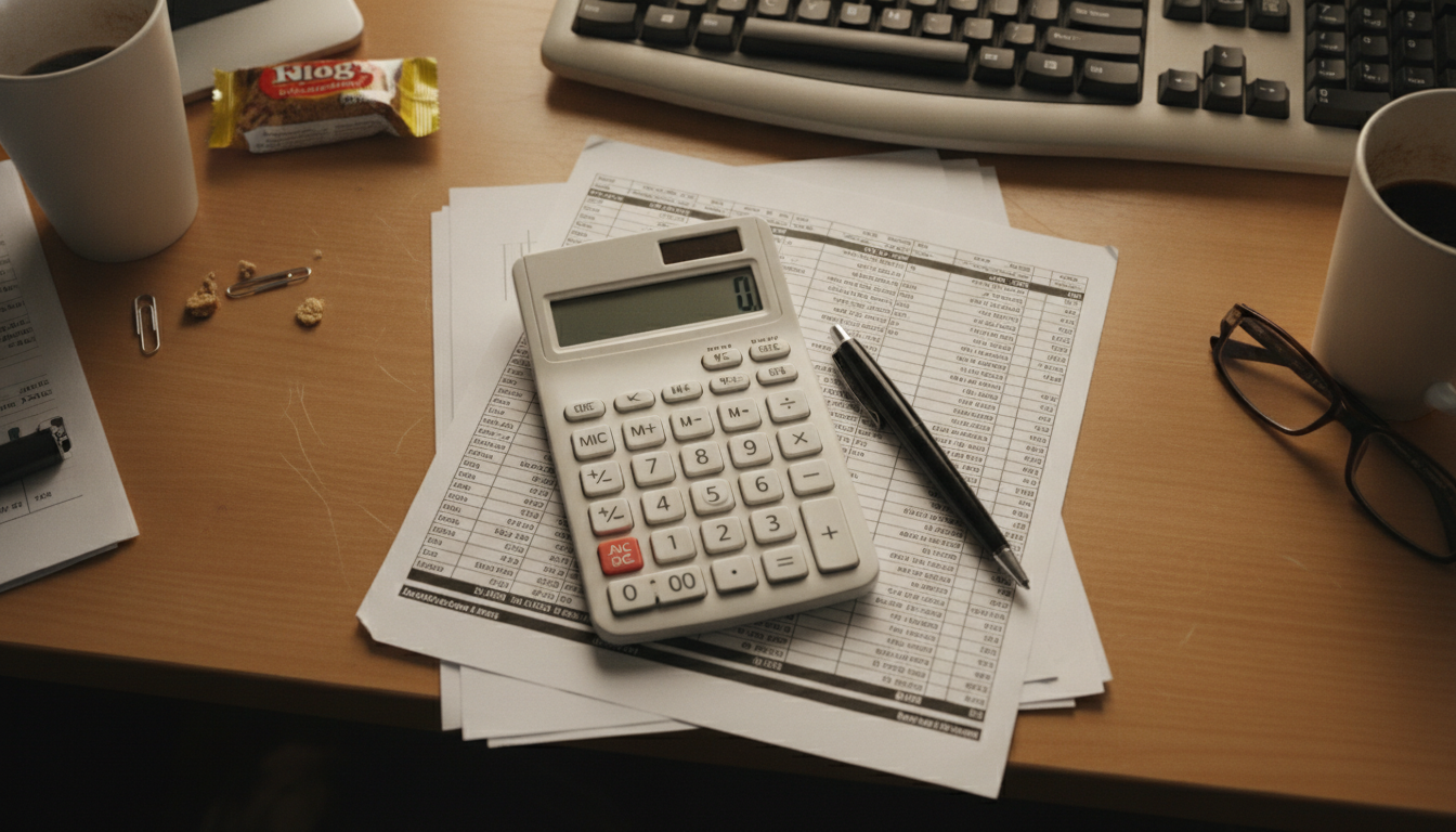 A small workshop owner sitting at a cluttered desk with a laptop and a folder of bank paperwork