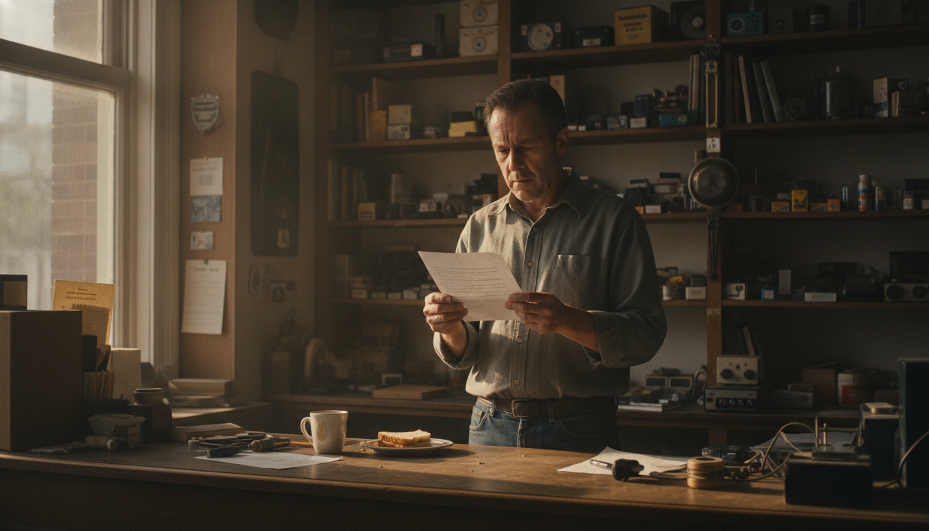 A business owner at a desk reading a printed letter from a payment processor