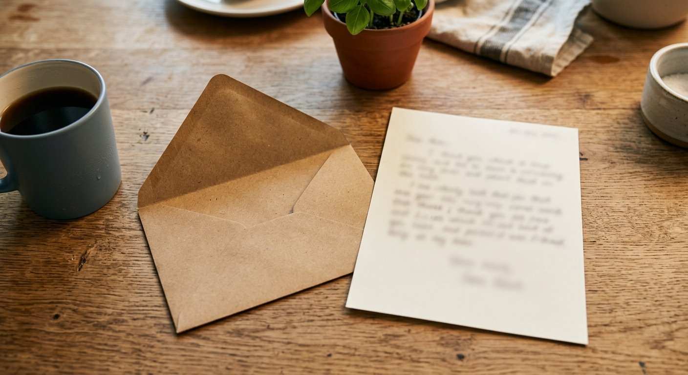 Opened envelope and blurred letter on a kitchen table beside a mug