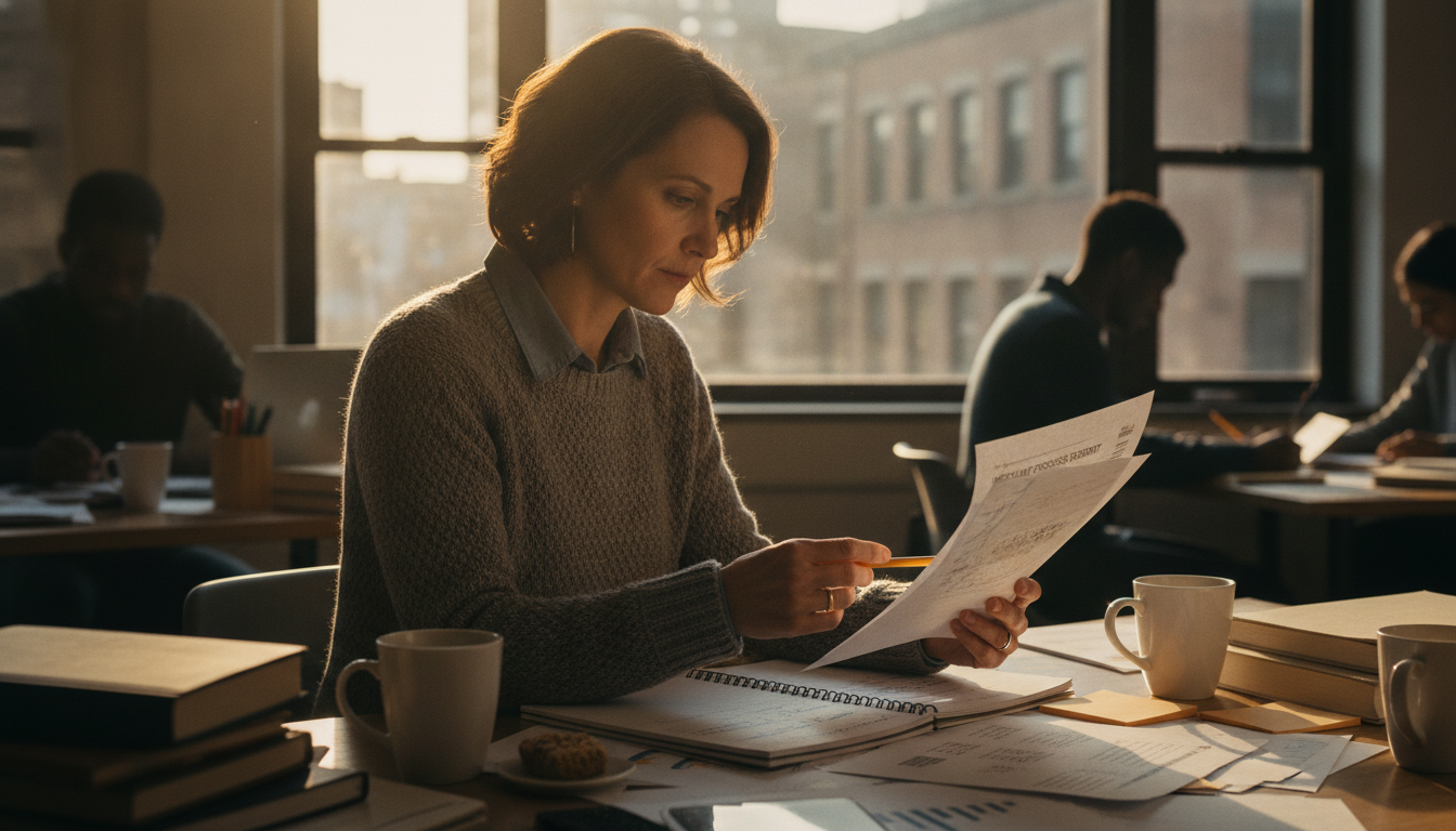 A business owner comparing a processing statement against notes at a desk