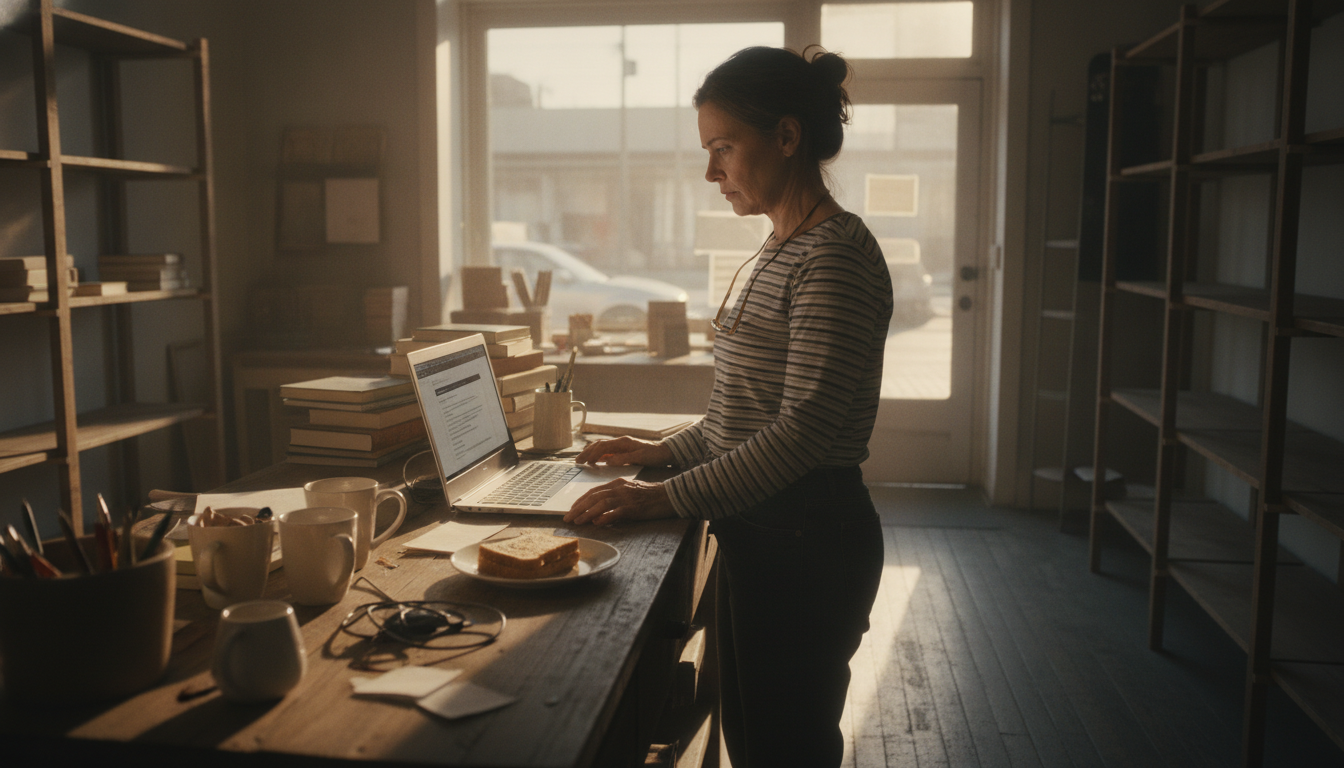 A store owner looking at a Stripe restricted account notice on a laptop