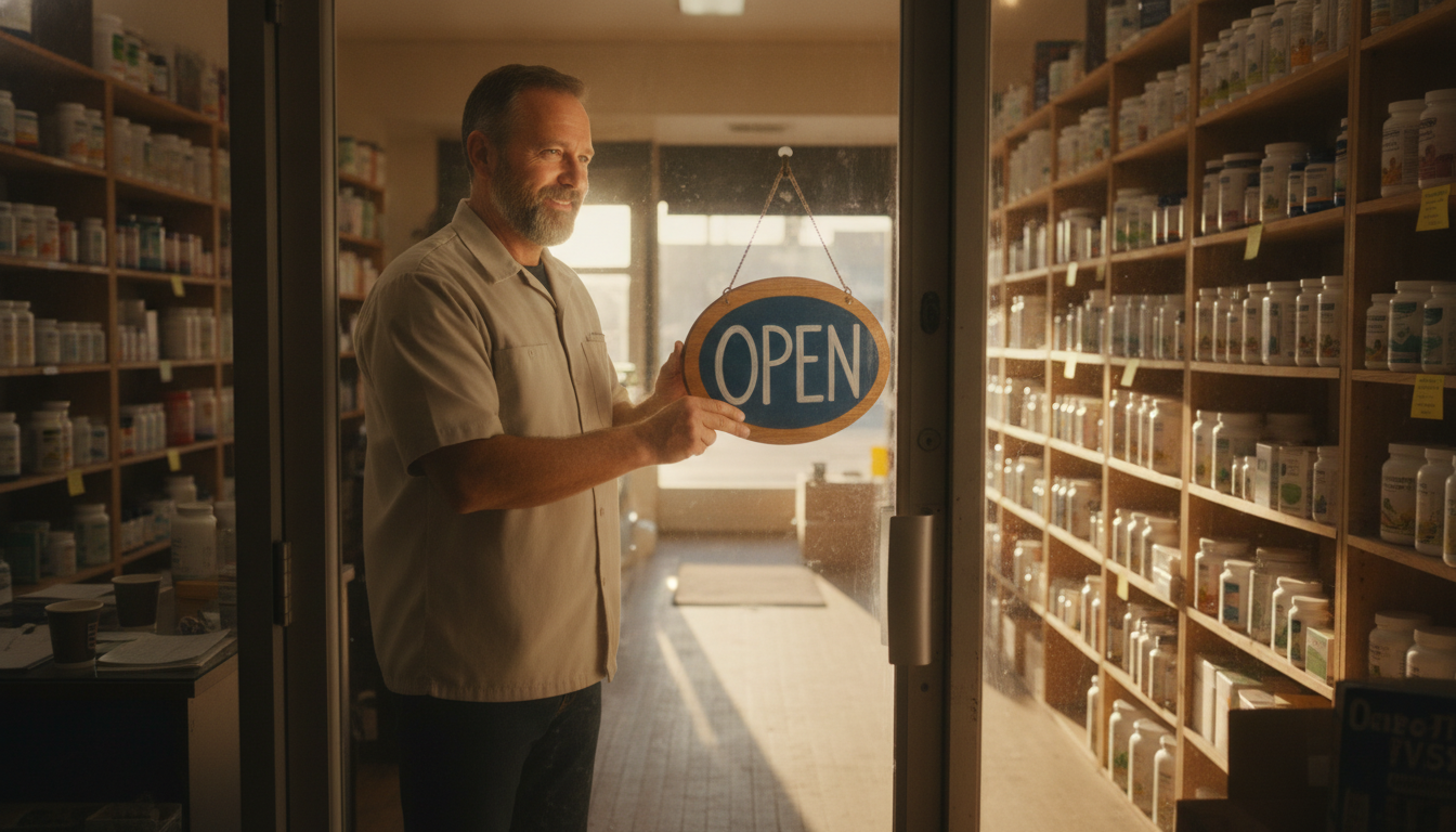 Shop owner turning the hanging sign on his door back to open after his merchant account was placed