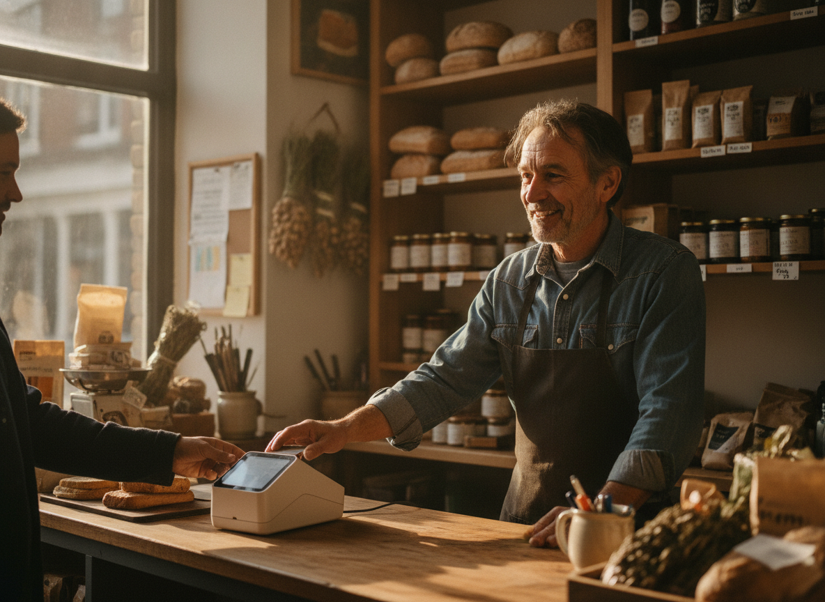 Shop owner behind his counter as a customer taps a card on a payment terminal