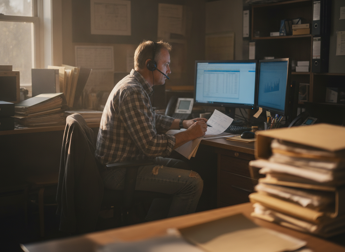 Payments specialist taking notes on a processing statement at a working desk